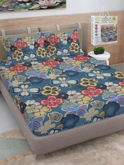 FABINALIV - Blue Floral 300 TC Fitted Packing Bedsheet with 2 Pillow Covers (King)