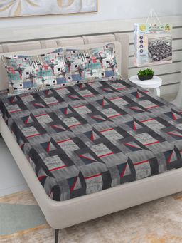 FABINALIV - Grey Geometric 300 TC Fitted Packing Bedsheet with 2 Pillow Covers (King)