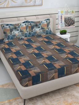 FABINALIV - Brown Geometric 300 TC Fitted Packing Bedsheet with 2 Pillow Covers (King)