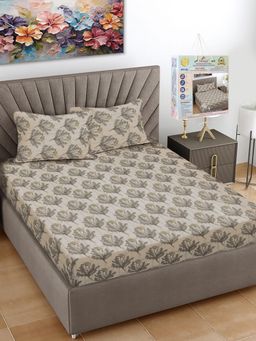 FABINALIV - Beige Floral 300 TC Fitted Packing Bedsheet with 2 Pillow Covers (King)