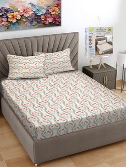 FABINALIV - Cream Floral 300 TC Fitted Packing Bedsheet with 2 Pillow Covers (King)