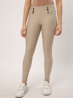 R&B - Beige Solid Plain Viscose Rayon Leggings