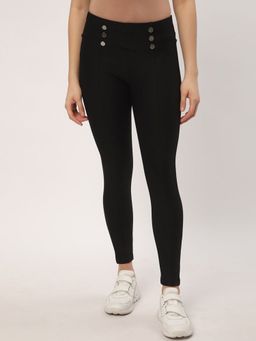 R&B - Black Solid Plain Viscose Rayon Leggings