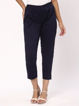 R&B - Navy Blue Solid Plain Cotton Capri