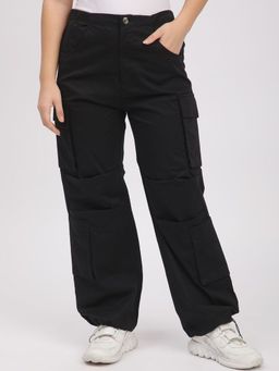 R&B - Black Solid Plain Cotton Cargo