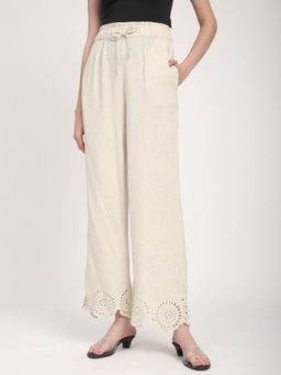 R&B - Beige Solid Plain Viscose Rayon Pant