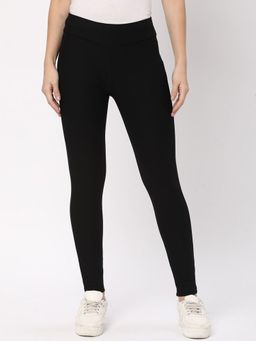 R&B - Black Solid Plain Viscose Rayon Leggings