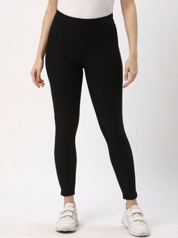 R&B - Black Solid Plain Viscose Rayon Leggings