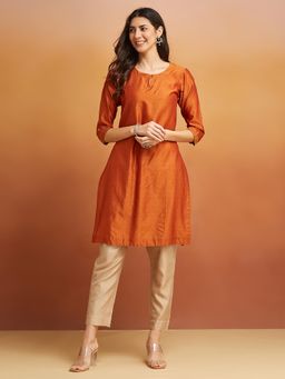 Fabindia - Orange Cotton Silk Straight Long Kurta