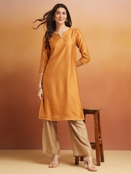 Fabindia - Orange Viscose Silk Straight Long Kurta