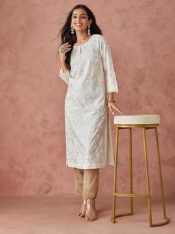 Fabindia - White Cotton Silk Printed Long Kurta