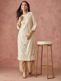 Fabindia - Beige Silk Slim Fit Long Kurta
