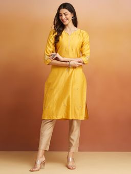 Fabindia - Yellow Cotton Silk Embroidered Long Kurta