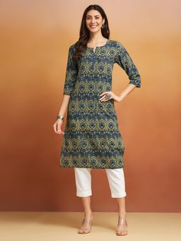 Fabindia - Indigo Blue Cotton Printed Long Kurta