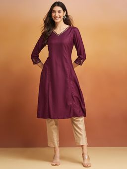 Fabindia - Purple Viscose Silk Embroidered Slim Fit Long Kurta