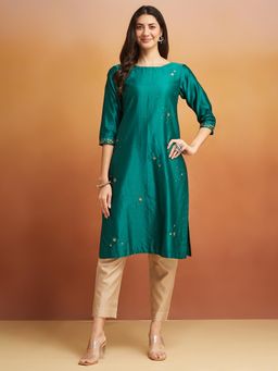 Fabindia - Green Cotton Silk Embroidered Long Kurta