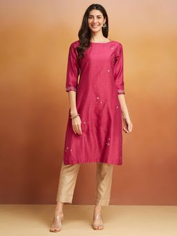 Fabindia - Magenta Cotton Silk Embroidered Long Kurta