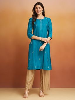 Fabindia - Blue Viscose Silk Embroidered Long Kurta