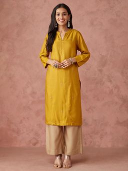 Fabindia - Mustard Viscose Silk Embroidered Knee Length Kurta