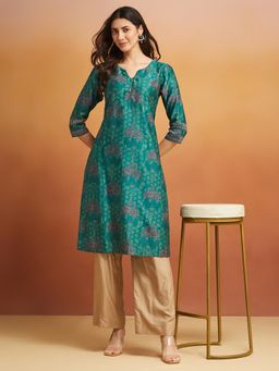 Fabindia - Green Cotton Silk Printed Long Kurta