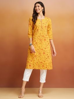 Fabindia - Yellow Cotton Printed Long Kurta