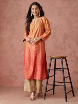 Fabindia - Orange Cotton Silk Printed Long Kurta