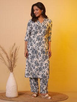 Aurelia - White & Blue Floral Printed Rayon Straight Kurta