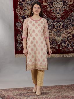Aurelia - Cream Abstract Printed Organza Sheer Straight Kurta with Mirror Embroidered Neck