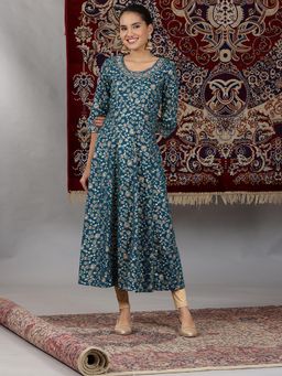 Aurelia - Corsair Blue Foil Floral Printed Pure Cotton Flared Kurta with Embroidered Neck