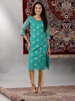 Aurelia - Spectra Green Floral Foil Printed Straight Kurta with Dori Embroidery