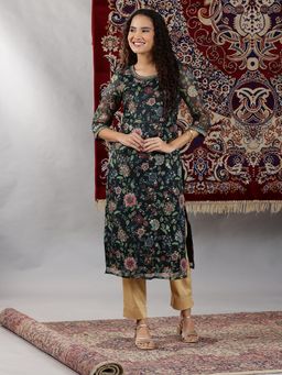 Aurelia - Black Floral Printed Straight Kota Kurta with Embroidered Neckline