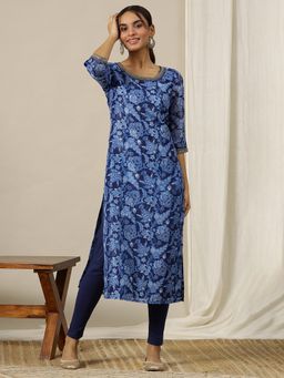 Aurelia - Ensign Blue Floral Printed Straight Kota Kurta with Embroidered Neck