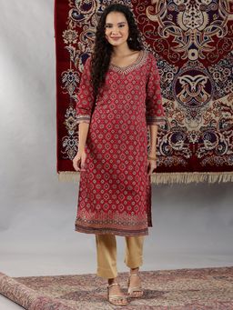 Aurelia - Jazzy Maroon Printed Straight Kurta with Neck Embroidery