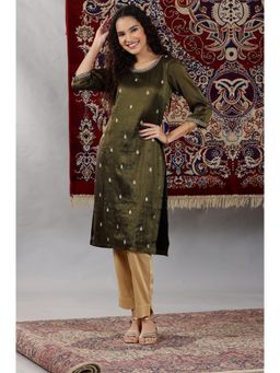 Aurelia - Green Viscose Tissue Straight Kurta with Embellished Neckline