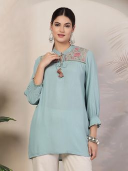 Nayam by lakshita - Floral Embroidered Straight Rayon Blue Tunic for Women