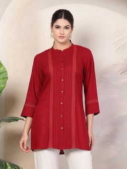 Nayam by lakshita - Solid Lace Inserted Rayon Button Down Maroon Tunic for Women