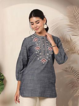 Nayam by lakshita - Floral Embroidered Three Fourth Denim Grey Kurti for Women
