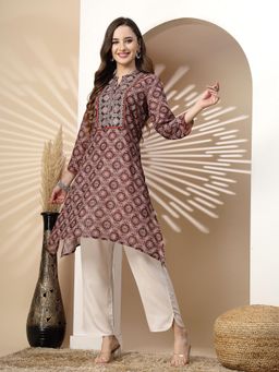 Nayam by lakshita - Geometric Printed Embroidered A-Line Brown Kurta for Women