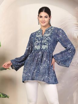 Nayam by lakshita - Paisley Printed Flared Chiffon Navy Blue Tunic for Women