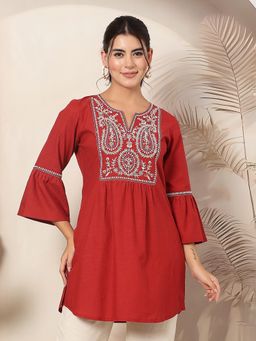 Nayam by lakshita - Women Cotton Linen Embroidered Red Tunic