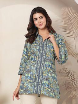 Nayam by lakshita - Paisley Printed Shirt Collar Three Fourth Sleeve Blue Kurti for Women