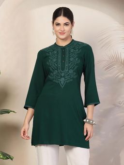 Nayam by lakshita - Embroidered Mandarin Collar Rayon Green Kurti for Women