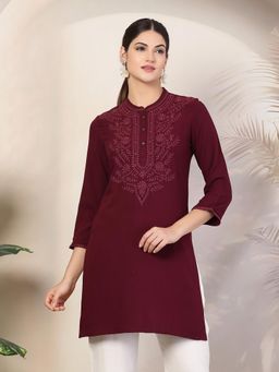 Nayam by lakshita - Embroidered Mandarin Collar Rayon Wine Kurti for Women