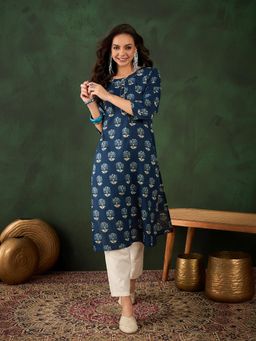Vastramyaa - Women Navy Blue & Off White Floral Printed Straight Kurta