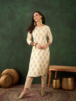 Vastramyaa - Women Yellow & Brown Ethnic Motifs Printed Straight Kurta