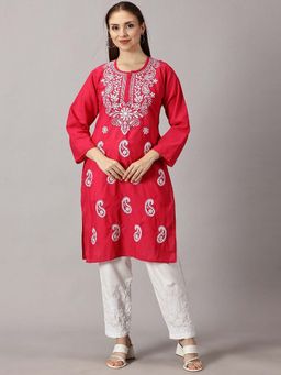 FASHIONABLE CHIKAN HANDIKRAFT - Women Red Paisley Embroidered Chikankari Cotton Straight Kurta