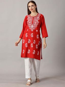 FASHIONABLE CHIKAN HANDIKRAFT - Women Red Paisley Embroidered Cotton Straight Kurta