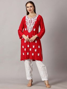FASHIONABLE CHIKAN HANDIKRAFT - Women Red Floral Embroidered Straight Kurta