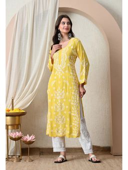 SYRISH - Women Syrish Yellow Hand-Embroidered Chikankari Modal Kurta
