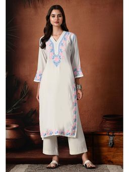 SYRISH - Women Pastel Pink Thread Hand Embroidered Chikankari Straight Rayon Kurta